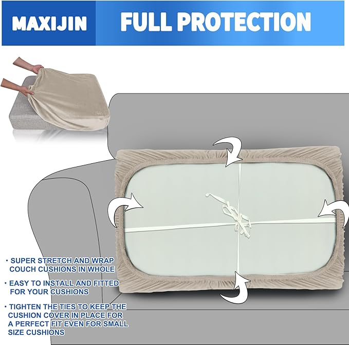 MAXIJIN 1 Piece Velvet Chaise Cover Stretch Sectional Couch Covers for L Shaped Sofa Fitted Soft Chaise Lounge Cushion Cover Sofa Slipcover with Elastic Bottom (Chaise Cover, Khaki)