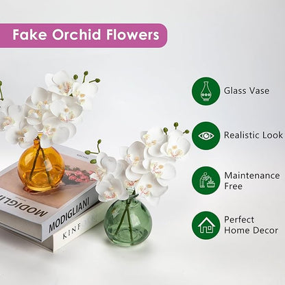 Oairse White Orchids Artificial Flowers Faux Orchid Arrangement with Light Green Glass Vase Set of 2 Real Touch Phalaenopsis Orchid Flowers Orchid Centerpiece for Dining Room Table