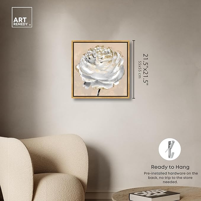 Art Remedy Beige Ranunculus Canvas Elegant White Gold Wall Art, Gold Frame, 20" x 20"