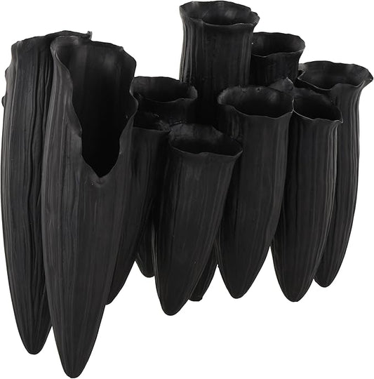 Deco 79 Ceramic Abstract Decorative Vase Floral Inspired 10 Openings Centerpiece Vase with Linear Grooves, Flower Vase for Home Decoration 13" x 5" x 11", Black