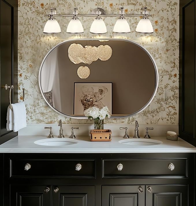 ANDY STAR Bathroom Lighting Fixtures, 5-Light Brushed Nickel Vanity Light with Milky Glass Shade, 35" Large Vanity Lights for Bathroom, E26 Socket, for Mirror, Living Room, Bedroom, Hallway