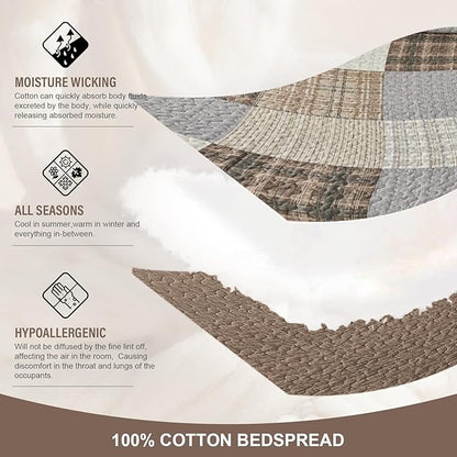 100% Cotton King Bedspread 128"x120", Oversized Quilt Bedspread Coverlet Set, Farmhouse Plaid Patchwork Pattern, Reversible Quilted Bedding Set, 3 Pieces, Khaki/Gray/Brown