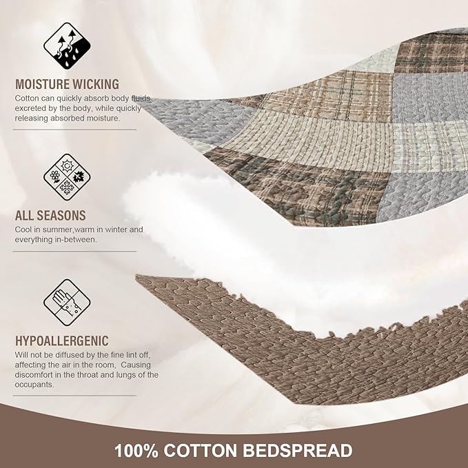 100% Cotton King Bedspread 120"x120", Oversized Quilt Bedspread Coverlet Set, Farmhouse Plaid Patchwork Pattern, Reversible Quilted Bedding Set, 3 Pieces, Khaki/Gray/Brown