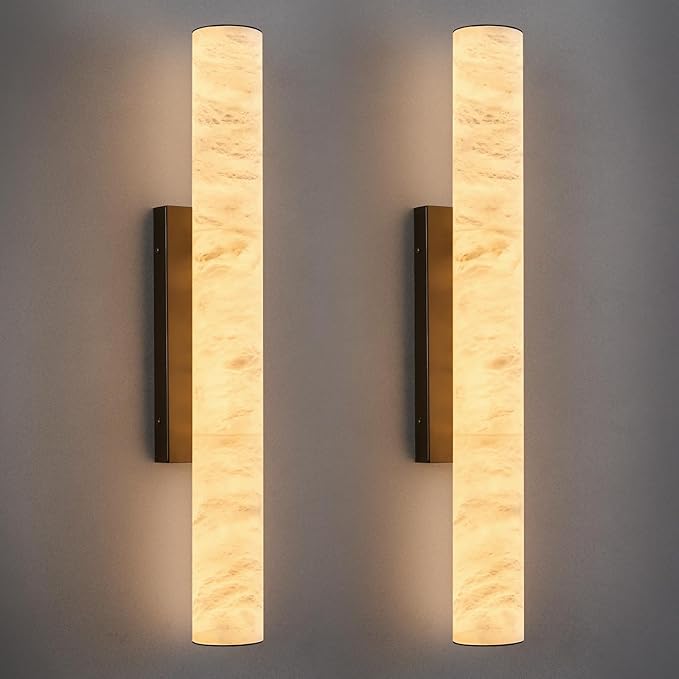 LMQNINE Natural Alabaster Wall Sconces Set of Two Spanish Marble Wall Light Cylinder Modern Black LED Sconce for Living Room Bedroom Bathroo Stairs（M-2Pack）