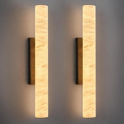 LMQNINE Natural Alabaster Wall Sconces Set of Two Spanish Marble Wall Light Cylinder Modern Black LED Sconce for Living Room Bedroom Bathroo Stairs（M-2Pack）