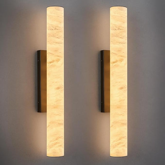 LMQNINE Natural Alabaster Wall Sconces Set of Two Spanish Marble Wall Light Cylinder Modern Black LED Sconce for Living Room Bedroom Bathroo Stairs（M-2Pack）