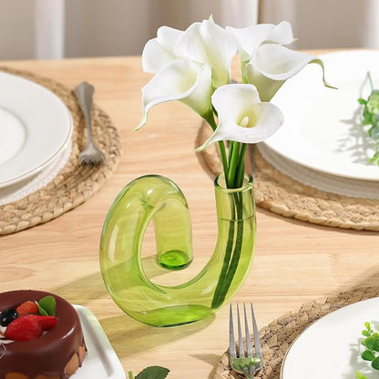 Joeyan Handmade Small Green Glass Flower Vase,Decorative Geometric Glass Bud Vase for Modern Home Centerpieces Living Room Office,4.72" Abstract Vase for Single Flower and Dry Flowers