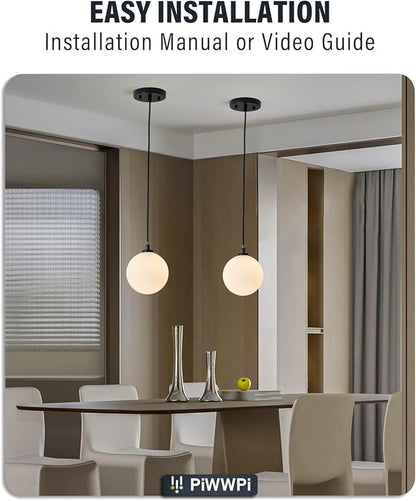 Mid Century Modern Chandelier, 1- Light Globe Glass Ceiling Hanging Chandelier, Black Pendant Light, White Spherical Blackout Bedside Lamp for Kitchen Island, Bedroom, Living Room, Dining Room