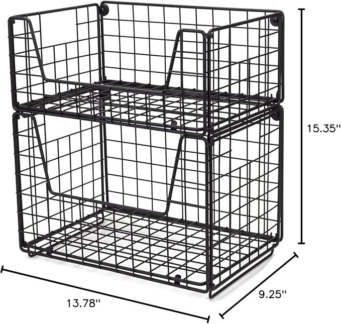 TIEYIPIN 2 Tier Metal Wire Storage Basket, Stackable Fruit Vegetable Food Baskets Cabinet Organizer Pantry Bin for Home Bathroom Kitchen Office Organization - Black