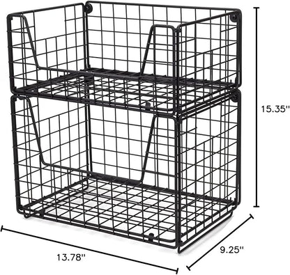 TIEYIPIN 2 Tier Metal Wire Storage Basket, Stackable Fruit Vegetable Food Baskets Cabinet Organizer Pantry Bin for Home Bathroom Kitchen Office Organization - Black