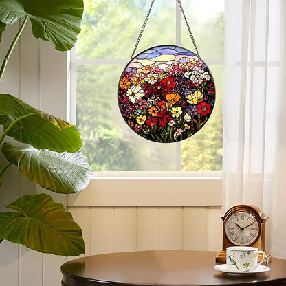 Flowerbed Stained Glass Window Hanging, 7.8" Round Sun Catcher Hand Painted Wall Art Decor with Chain, Unique Housewarming Gifts for Couples, Home
