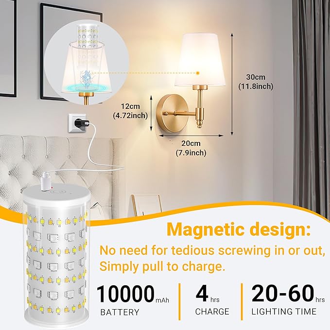 Battery Operated Wall Sconce: Renter Friendly Peel and Stick Adhesive Wall Light Easy to Install, Rechargeable Wireless Wall Lamp for Bedroom Living Room DIY Home Wall Decor