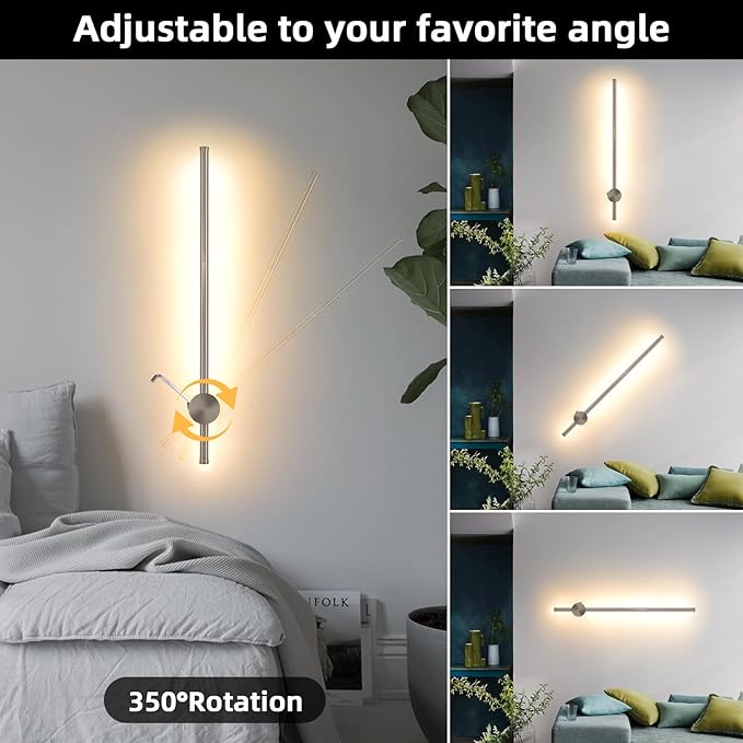 Battery Operated Wall Sconces with Remote, Dimmable 3000K-6000K/Timer/Memory LED Wall Lamp, 350°Rotate, USB Rechargeable Wireless wall lights for Living Room, Bedroom Brushed Nickel 23.6" (2 Pack)