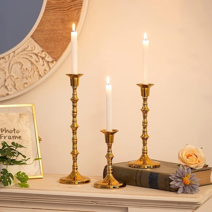 Brass Candlestick Holders Vintage: Tall Gold Taper Candle Holder Antique Candle Stick Holders for Christmas Wedding Centerpieve Living Room Mantle Home Decor Bridal Shower Set of 3