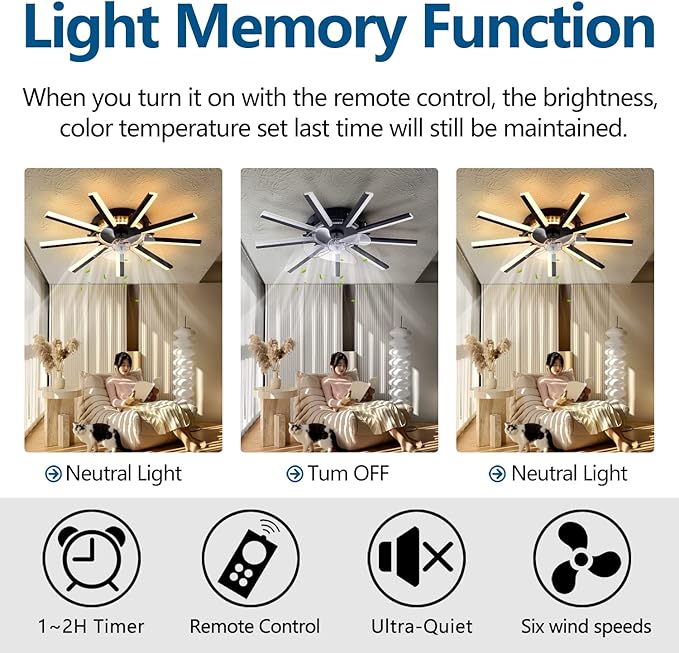HuixuTe 27" Black Straight Strip Ceiling Fan with Lights Remote Control, 3 Colors 6 Speeds Low Profile Ceiling Fan with Light for Kitchen Bedroom