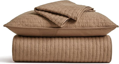 EVERGRACE Cross Stitch Pre-Washed Cotton Quilt Bedding Set Queen Size, Oversized 3 Pieces Lightweight Bedspread Coverlet for All Season, with 2 Matching Shams, Camel Brown, 92"x96"