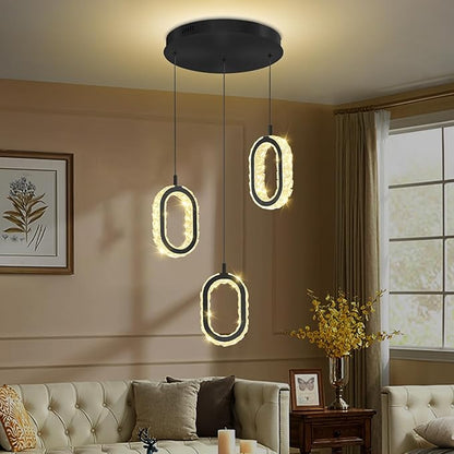 Oval Ring Chandelier Modern LED Pendant Lights for Kitchen Island Adjustable Crystal Ring Chandelier for Dining Room Bedroom Living Room 3-Light Black
