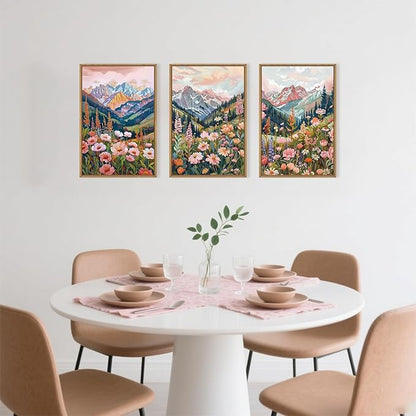 Aryroi Boho Vibrant Mountain Wildflower Framed Canvas Wall Art Set,Colorful Natural Flower Forest Wall Decor,Modern Pink Floral Botanical Landscape Artwork for Living Room,Office,Farmhouse- 24"x36"x3