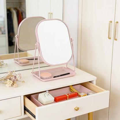 Rotating Metal Makeup Mirror with Storage, Vanity Mirror for Desk, Bathroom, Bedroom, Dressing Table (Pink)