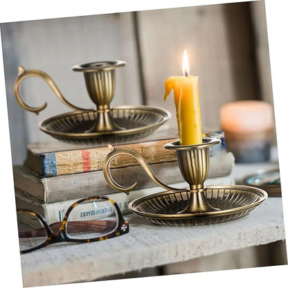 STOBAZA Retro Taper Candle Holder with Handle Vintage Metal Candlestick Tabletop Accent 4.52 Inch Candle Stand for Home Decor Party and Special Occasion