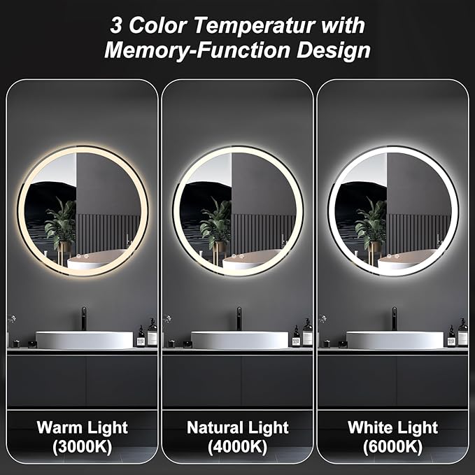 Sweetcrispy 36 Inch Round LED Bathroom Mirror with Lights, Circle Vanity Mirror with Anti-Fog, Dimmable, 3-Color Light, Memory Function, Tempered Glass