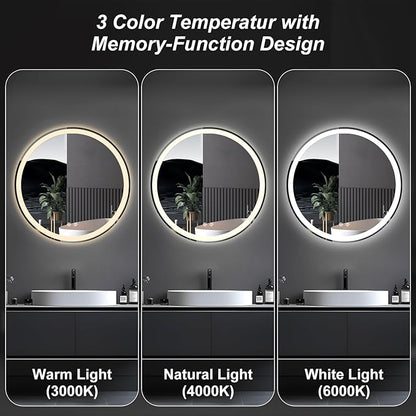 Sweetcrispy 36 Inch Round LED Bathroom Mirror with Lights, Circle Vanity Mirror with Anti-Fog, Dimmable, 3-Color Light, Memory Function, Tempered Glass
