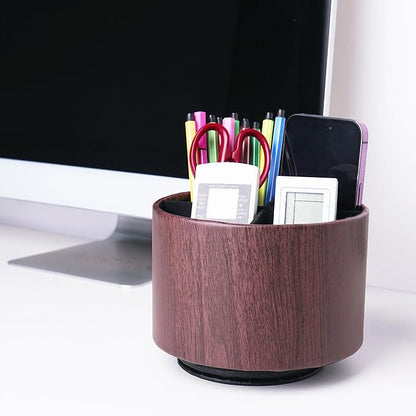 Round Leather Art Supply Organizer,Remote Control Holder,360 Degree Spinning,Multi-Functional Pencil Holder,4 Compartments Desktop Stationary Organizer(1-Thin Wood Dark Brown)