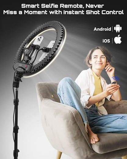 18 Inch Professional LED Ring Light with 70-inch Tripod, CRI≥95, 3000K-6000K Adjustable Brightness & Color Temperature, Phone Holder for Live Streaming, YouTube, TikTok, Makeup, Photography