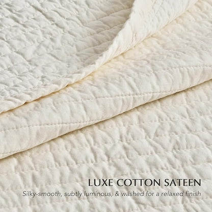 EVERGRACEHOME Cotton Sateen Quilt Set King Size, Pre-Washed Cotton Channel Stitch Coverlet Bedspread, 3 Pieces Lightweight Soft Bedding Sets for All Season, with 2 Pillow Shams, Cream