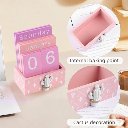 Notakia Perpetual Calendar Wooden Blocks Vintage Wood Block Calendar for Home Office Desk Accessories Week Month Date Display (Pink Calendar)
