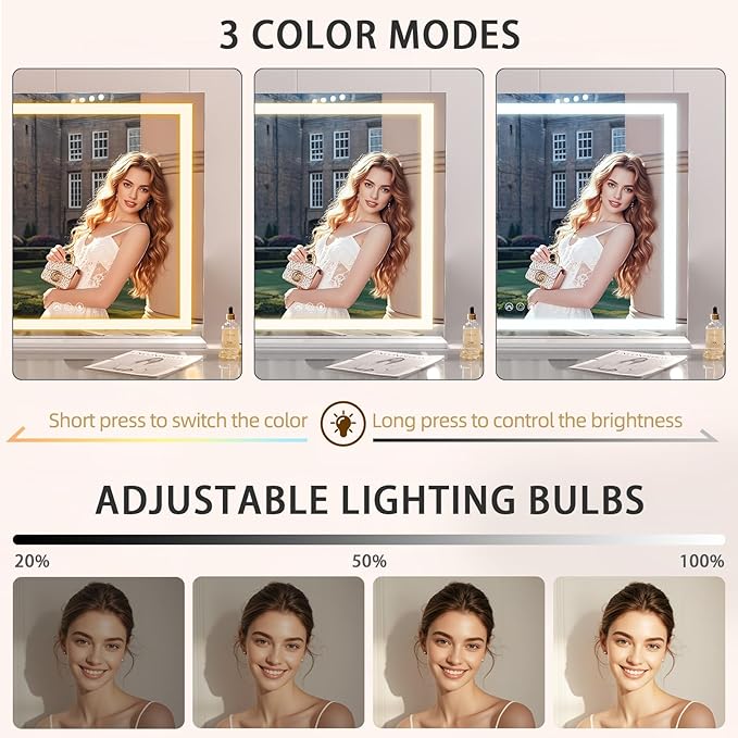 FENCHILIN Large Vanity Mirror with Lights 39"x32", RGB Backlit & Front Lit Hollywood Makeup Mirror, Shatterproof Tempered Glass, LED Strip 3 Color Modes, Smart Touch & Memory, Wall Mounted/Desk