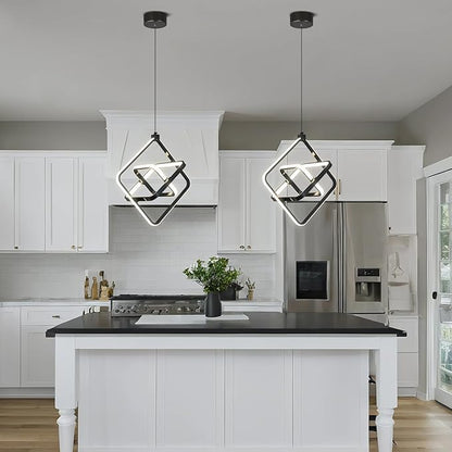 Modern LED Pendant Light Black Pendant Lights 4000K 35W Dimmable External Glow Height Adjustable Pendant Lighting Rectangle Chandelier for Kitchen Island Dining Room Bedroom Foyer（3-Ring）