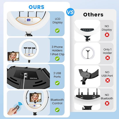 18 inch Ring Light with Stand+10 inch Light,Foldable Large Ring Light for ipad iPhone,LCD Display/4 Clips/2 USB Ports,2700-6500K with Tripod for Tattoo Lash Barber Makeup Photography Lighting