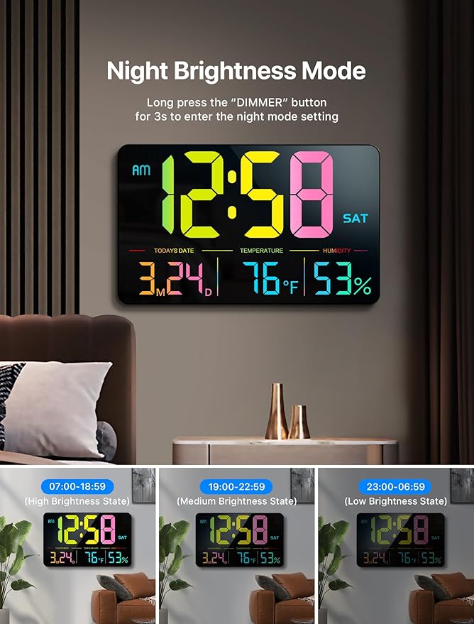 MASHI Digital Clock, 13" Large Display Digital Wall Clock, Adjustable Brightness Calendar Clock with Day and Date,DST,Alarms,Humidity,Temperature for Desk,Wall Mounted (Black Case Color Light)