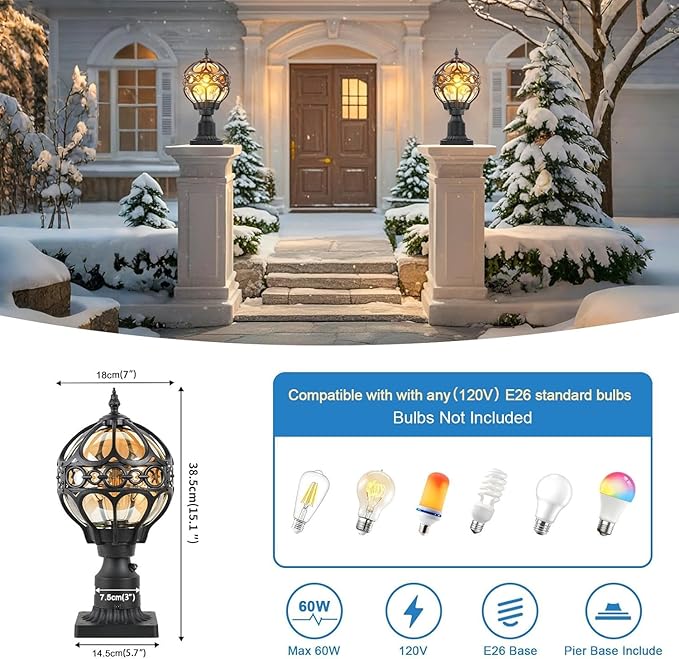 Dusk to Dawn Outdoor Lamp Post Lights, Aluminum Rust-proof Globe Post Light for Porch Front Door Driveway Lawn Garden, Black Sphere Exterior Pillar Post Light, Hardwired 3" Pier Mount Post Lantern