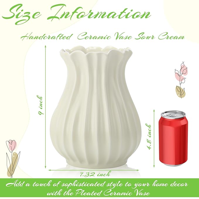 Large White Vintage 9 Inch Pleated Ceramic Vase Sour Cream Stylish Decorative Flower Vase for Bouquet Home Farmhouse Living Room Cabinet Table Centerpieces Kitchen Shelf Wedding Decorations