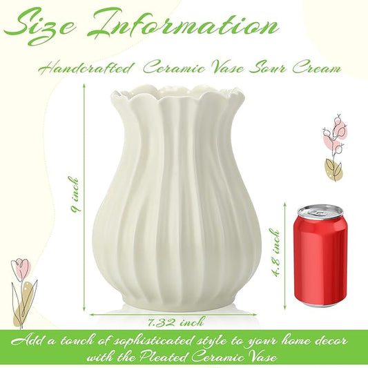 Large White Vintage 9 Inch Pleated Ceramic Vase Sour Cream Stylish Decorative Flower Vase for Bouquet Home Farmhouse Living Room Cabinet Table Centerpieces Kitchen Shelf Wedding Decorations