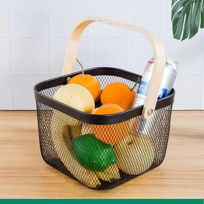 Metal Mesh Wire Basket, Large Steel Basket with Wooden Handle Storage Organizer Basket Multi-functional Hanging Kitchen Baskets Fruit Baskets for Kitchen Bathroom Cabinet Pantry Snacks, Black