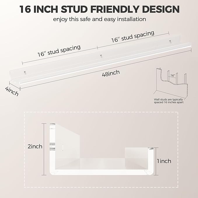 HBlife 48 Inches Invisible Wall Floating Bookshelf for Kids and Nursery, Clear Acrylic Shelves for Figures, 16 Inch Stud Spacing Long Large Picture Ledge Shelf for Photo Frames, 4 Pack (5MM Thick)