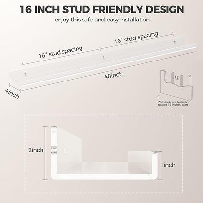 HBlife 48 Inches Invisible Wall Floating Bookshelf for Kids and Nursery, Clear Acrylic Shelves for Figures, 16 Inch Stud Spacing Long Large Picture Ledge Shelf for Photo Frames, 2 Pack (5MM Thick)