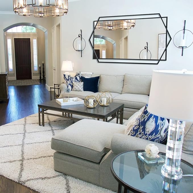 24"x47" Large Wall Mirror for Decor, Living Room Decoraive Wall Mirror with Metal Frame, Unique Black Bathroom Mirror Vertical or Horizontal Hanging
