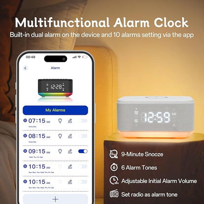 Bluetooth Alarm Clock Radio Bedroom, Digital Dual Alarm Clock Bedroom, Up to 10 Alarms Clock Night Light Speaker App/Button Control FM Charge Snooze Adjustable Volume Dim 12/24H, White