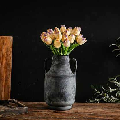 Ceramic Flower Vase with Handles,11 inch Farmhouse Vase,Rustic Vintage Terracotta Vases for Home Decor,Living Room,Kitchen Shelf,Table,Fireplace,Holiday & Weddings Centerpiece (Black-L-1622)