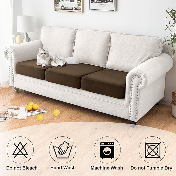 NAISI Waterproof Couch Cushion Covers Thick Velvet Fabric Washable Sofa Slipcovers 3 Pieces Individual Sectional Couch Covers with Elastic Bottom(3 Pcs for 3-Seat or Backrest,Caramel)