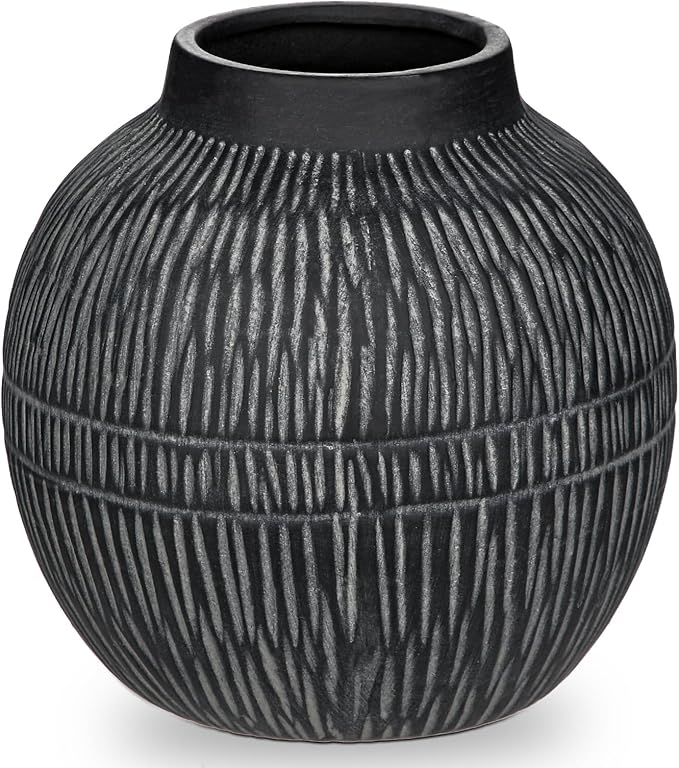 7" Short Rustic Vase with Geometric Linear Striations, Round Ceramic Vase Suitable for Leaves Stems & Flowers, Low-Profile & Cool Tone Style, Chunky, Small & Dark Grey
