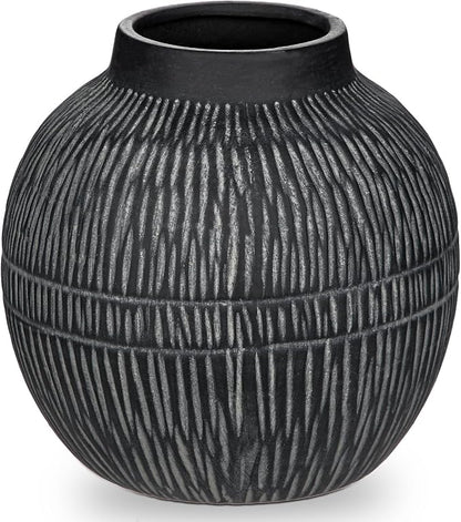 7" Short Rustic Vase with Geometric Linear Striations, Round Ceramic Vase Suitable for Leaves Stems & Flowers, Low-Profile & Cool Tone Style, Chunky, Small & Dark Grey