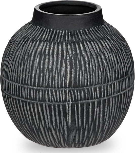 7" Short Rustic Vase with Geometric Linear Striations, Round Ceramic Vase Suitable for Leaves Stems & Flowers, Low-Profile & Cool Tone Style, Chunky, Small & Dark Grey
