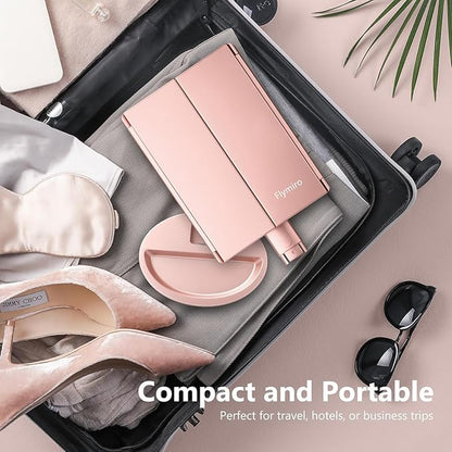 Tri-fold Lighted Vanity Makeup Mirror with 3x/2x Magnification,21 LEDs Light and Touch Screen,180 Degree Free Rotation Countertop Cosmetic Mirror,Travel (Rose Gold)