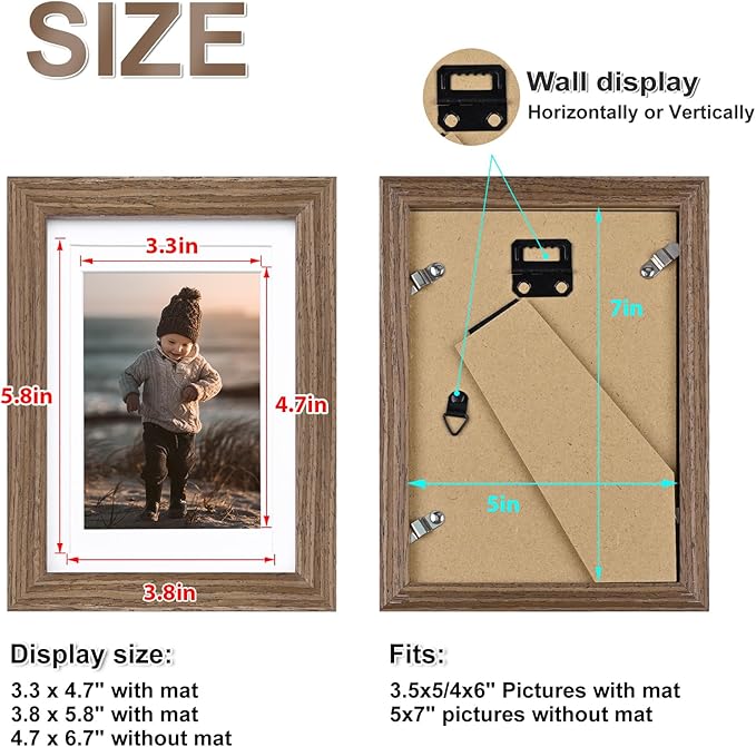 KINLINK 5x7 Picture Frame Brown Wood, Solid Wood Frames with Acrylic Plexiglass for 3.5x5/4x6 with Mat or 5x7 without Mat, Tabletop and Wall Display Photo Frame, Set of 4