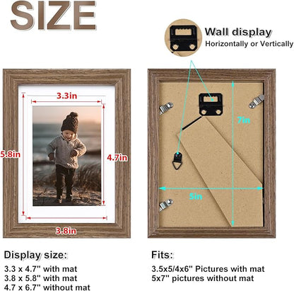 KINLINK 5x7 Picture Frame Brown Wood, Solid Wood Frames with Acrylic Plexiglass for 3.5x5/4x6 with Mat or 5x7 without Mat, Tabletop and Wall Display Photo Frame, Set of 4